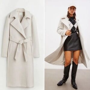 Cream Tie Belt Long Trench Style Coat